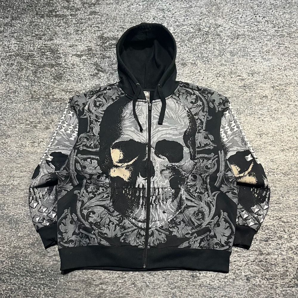 Vintage‎ Y2K Club Chaos Zip Up Hoodie Mens Large Skull Cyber Grunge Goth Skater